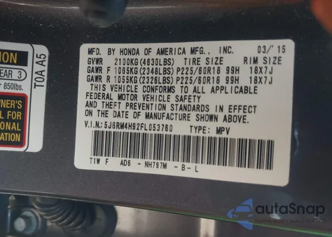 2015 Honda Cr-V Touring from USA, damaged, VIN 5J6RM4H92FL053760